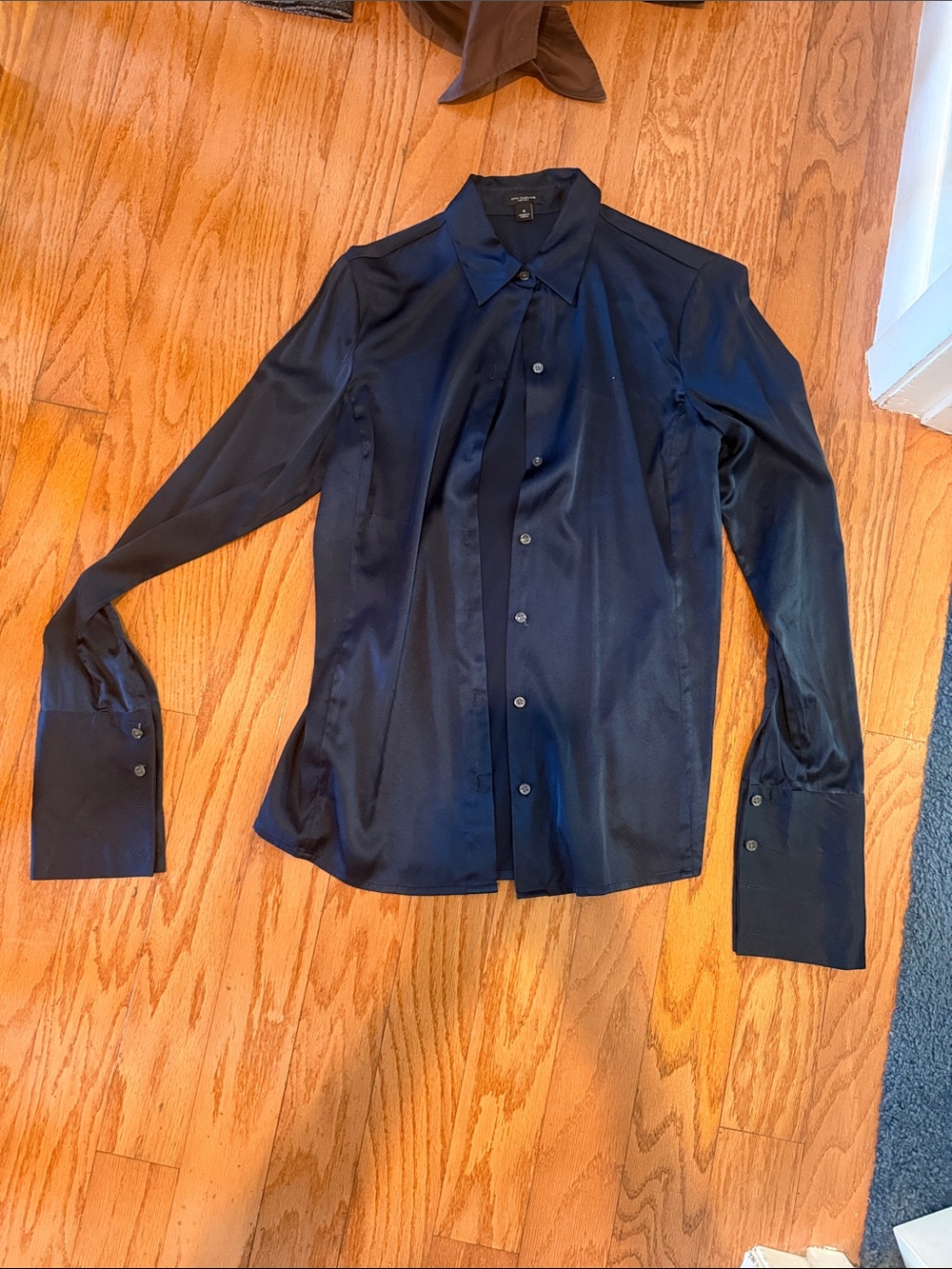 Ann Taylor Navy Satin Button-Up Blouse